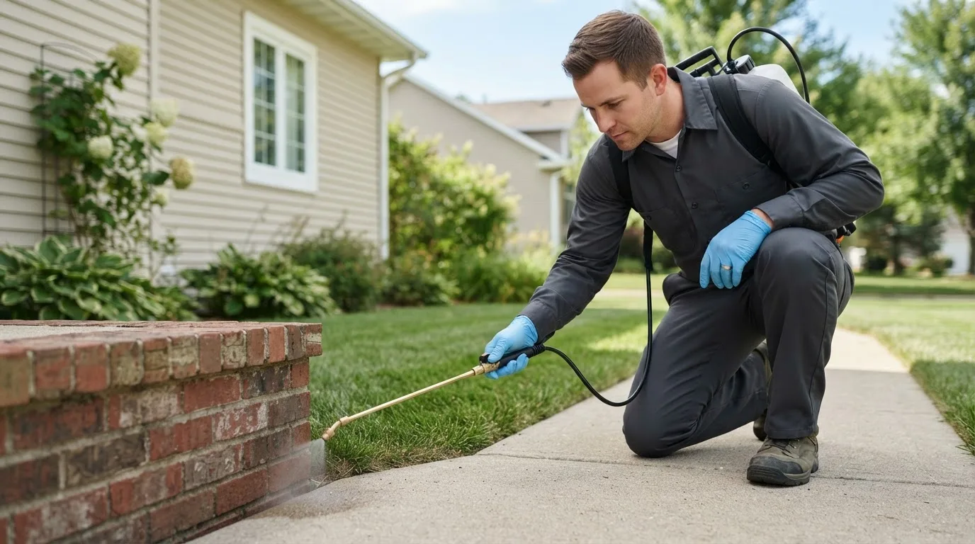 Pest control technician treating a home near Round Mountain, CA